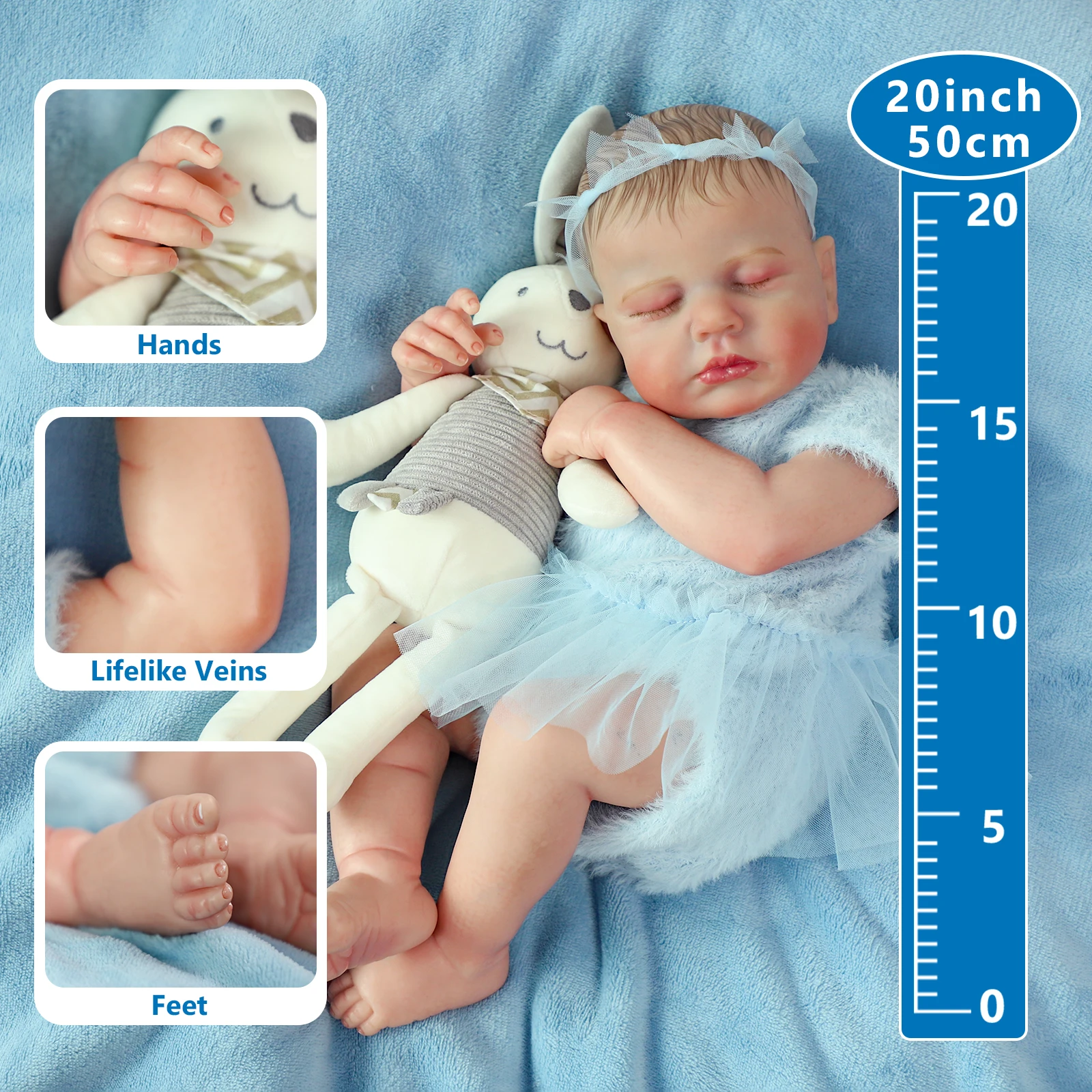 Lebensechte wiedergeborene Babypuppen, 50,8 cm, zum Schlafen, realistische Neugeborene, weicher Stoffkörper mit Fütterungsspielzeug für Kinder ab 3 Jahren