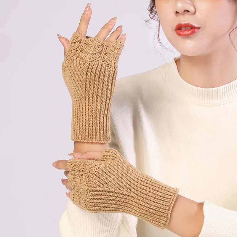 New Women Twist Crochet Knitted Gloves Short Arm Warmer Fingerless Mittens Winter Thick Wool Half Finger Gloves With Arm Sleeve