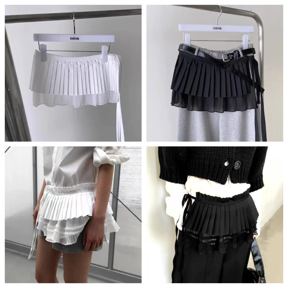 Hip-hop Layer Outfits Pleated Skirt Shirt Extender Sweet Ruffled Edge Waistband Y2K Mesh Lace Up Hip Scarf
