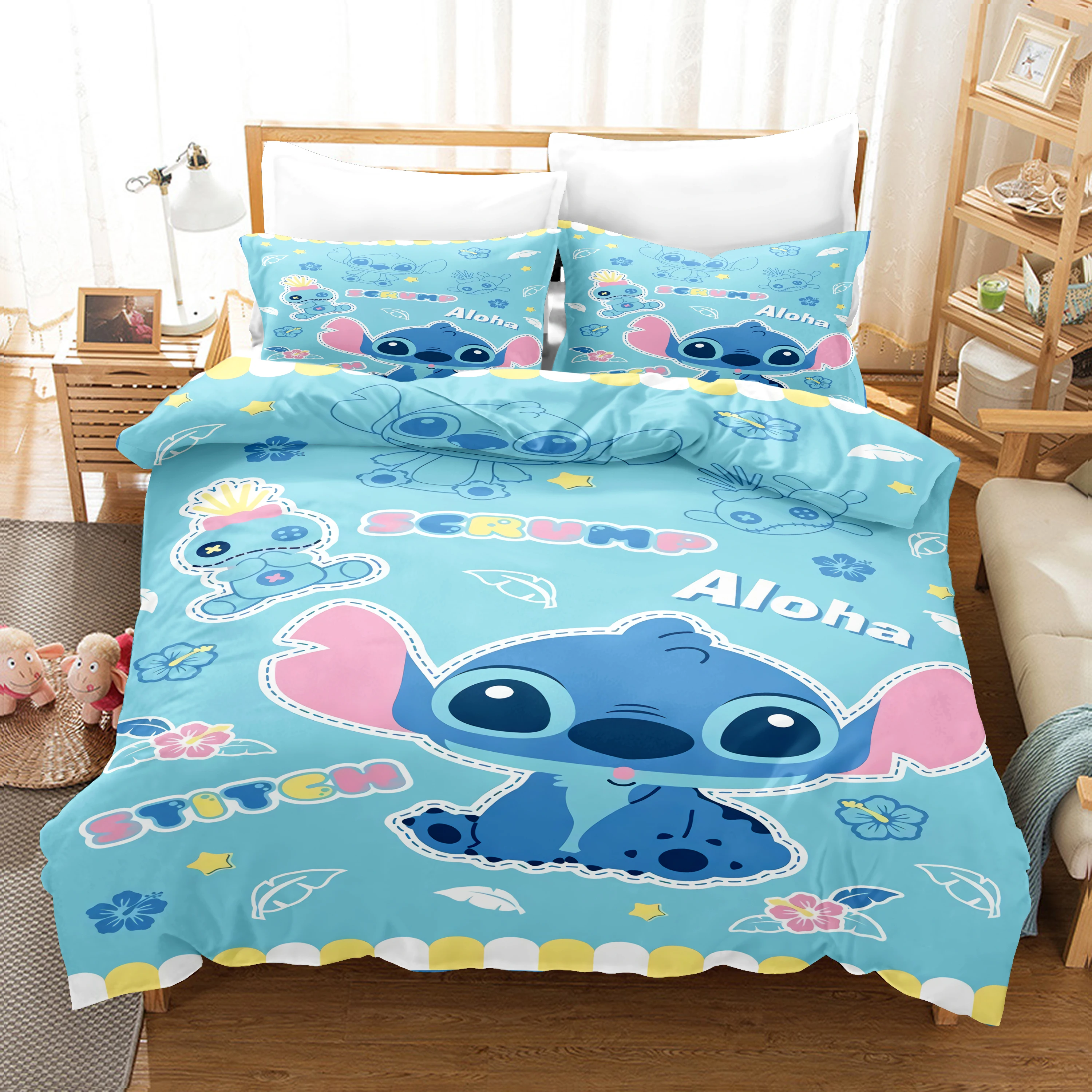 Stitch Bedding Set Queen Quilt Cover Cute Printed Cartoon Quilt Cover 3d Children'S Bedding Set Adults Polyester Reactive Printi