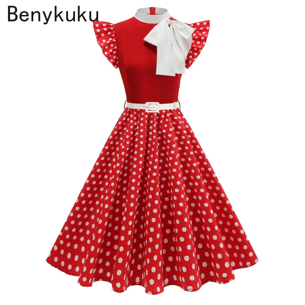 

Bow Mock Neck Floral Print Vintage 50s 60s Dress Women 2025 Summer Retro Clothes Flying Sleeve Patchwork A-Line Elegant Dresses