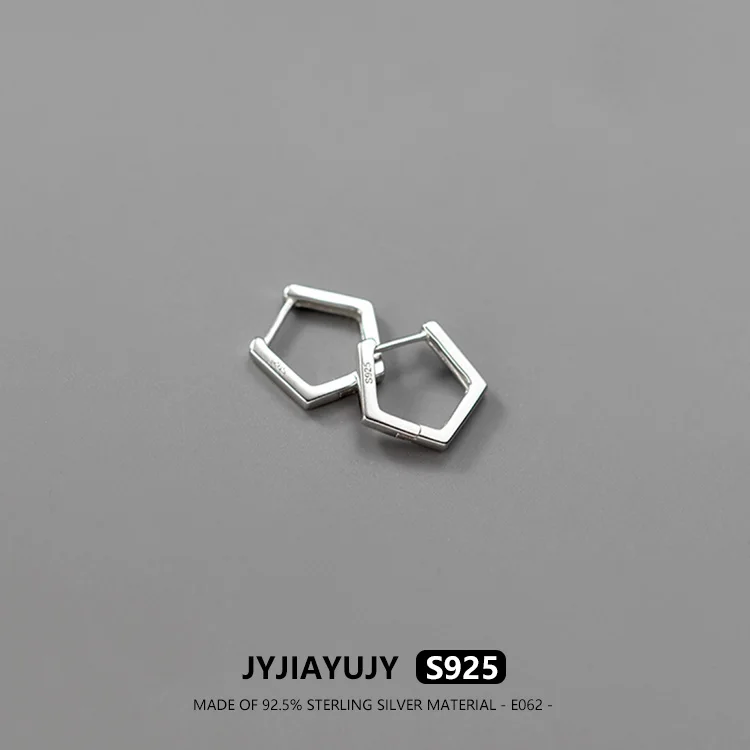 JYJIAYUJY 100% Sterling Silver S925 Hoop Earrings Smooth Surface Hexagon Shape Fashion Hypoallergenic Fine Jewelry Gift E062