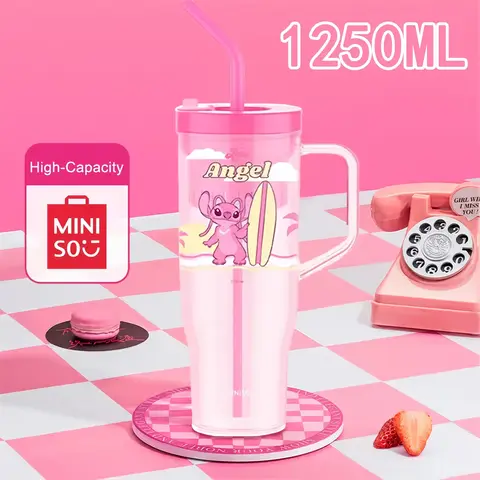 1250ml Miniso Disney Stitch Angel Portable Water Bottles High Quality Leak Proof Straw Cups High-Capacity Anti Drop Sports Cup