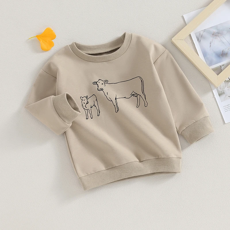 2023-08-01 Lioraitiin 6M-4T Toddler Boy Fall Western Sweatshirt Long Sleeve Round Neck Cattle Print Pullover Loose Tops