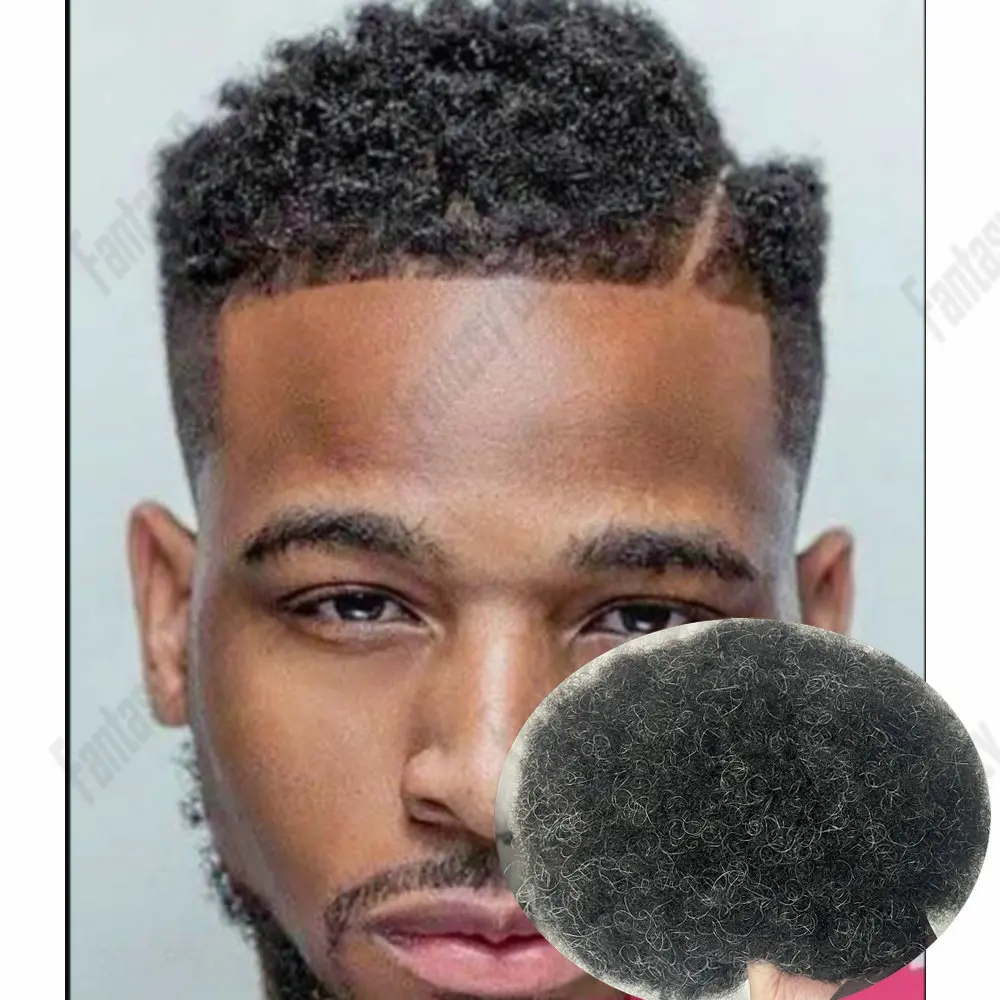 6mm Afro Man Kinky Curly #1b20 #1B40Gray Human Hair Prosthesis Capillary Men's Wig Durable Thin Skin Replacement System For Male