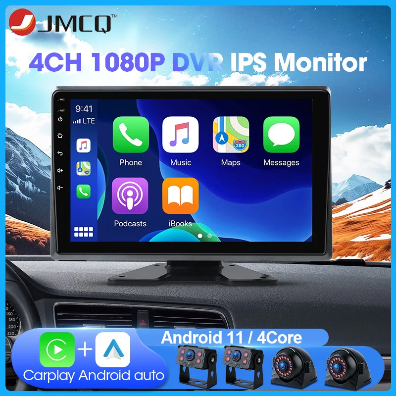 JMCQ 10 inch 1080P DVR Dahscam 4 Channels Video Recorder Wireless Carplay Android Auto IPS Monitor For Truck Bus Pickup Trailer