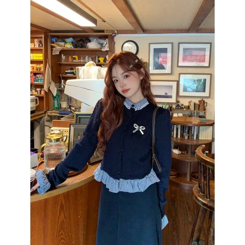 College Style Niche Fake Two-piece Bow Long Sleeved Sweater For Women's Autumn Loose and Slimming Short Knitted Sweater Top