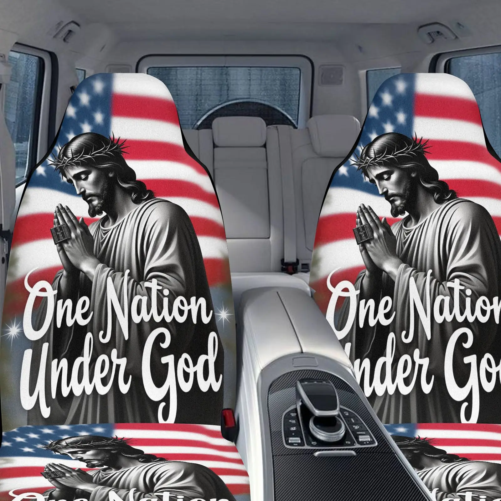 2pcs Car Seat Covers | Black One Nation Under God Christ American Flag Design | Non- Polyester Fabric, Universal Fit For Car Int