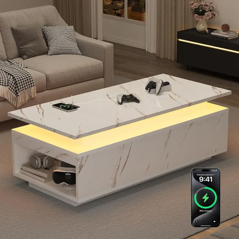

Современный LED-столик для кофе 47.2 с беспроводной зарядкой, Bluetooth-колонкой и местом для хранения, для гостиной, дизайн под белый мрамор