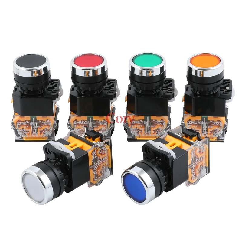 1PC Flat Round Push Button 22mm Mounting 10A Maintained/Momentary LA38-11BNZS Starting switch Red/Yellow/Blue/Green/Black/White