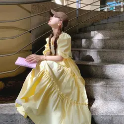 Gentle Wind Puff Sleeve Yellow Dress Women's New Summer New Fungus Dopamine Wear Long Skirt