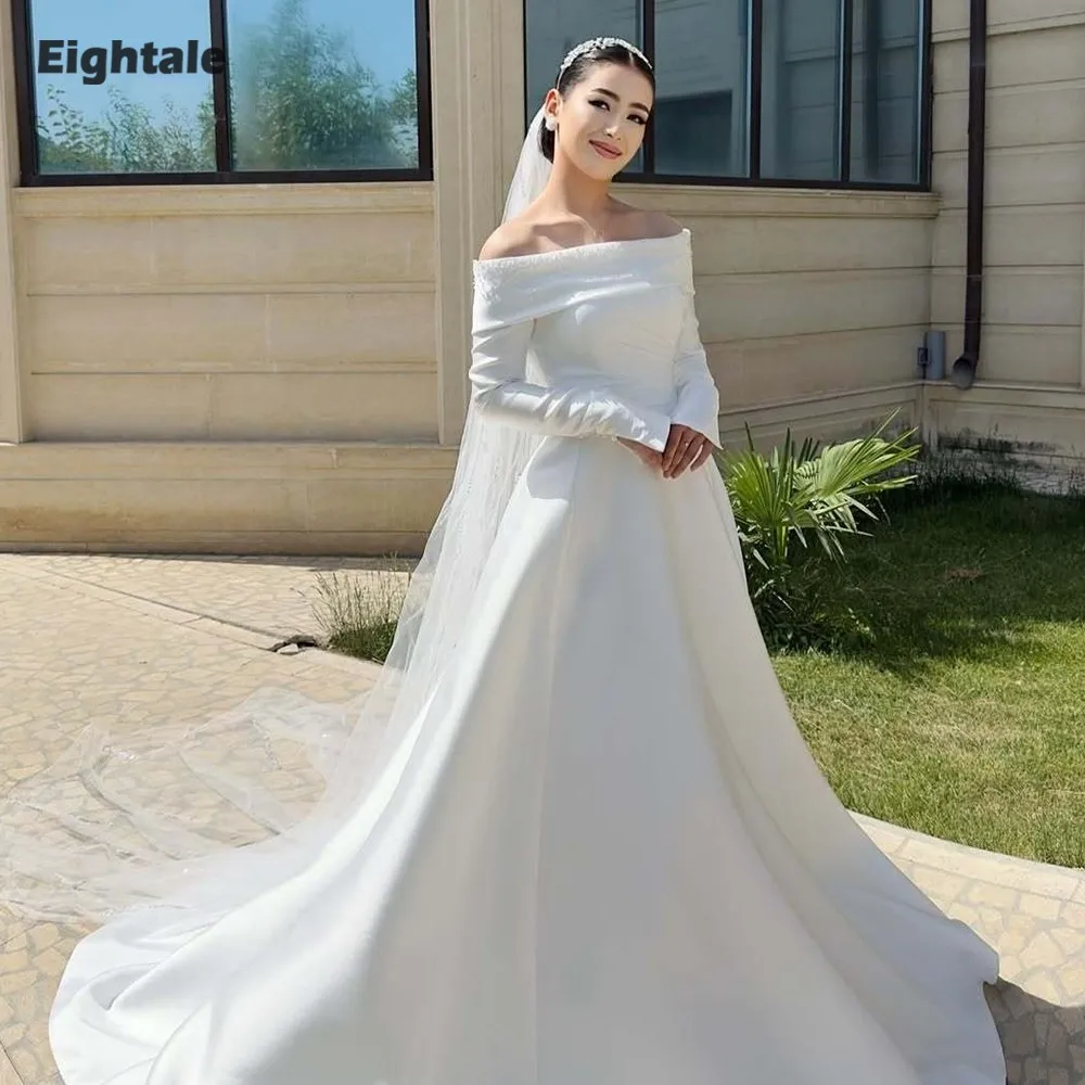 

Eightale Arabic Wedding Dresses Beaded Off Shoulder Customized Satin Long Sleeves Ivory A-Line Bridal Gowns Vestidos De Novia