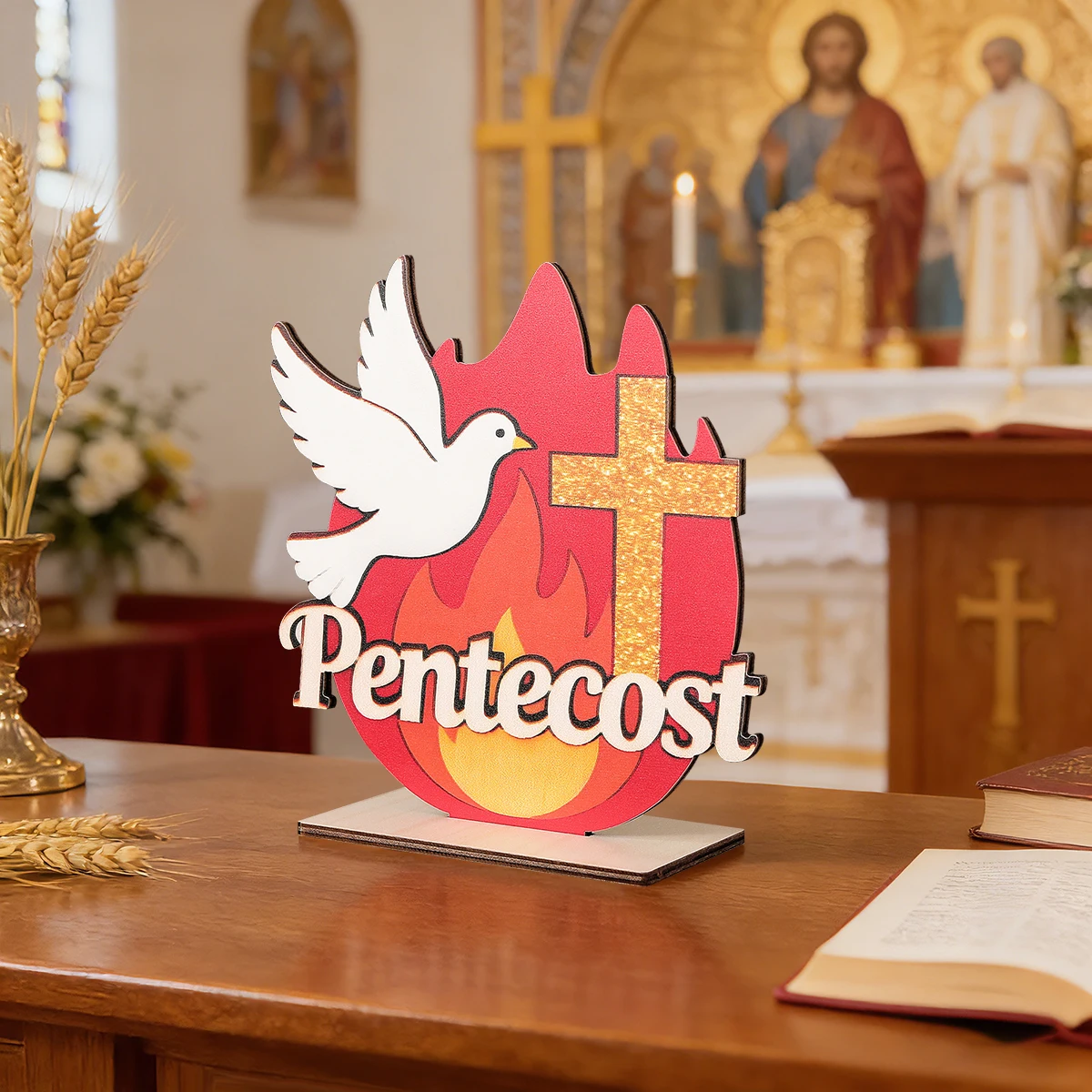 Pentecost Holy Spirit Festival Party Table Decoration Wooden Ornament Church Plaque Red Flame Cross and Dove Theme Christian Chu