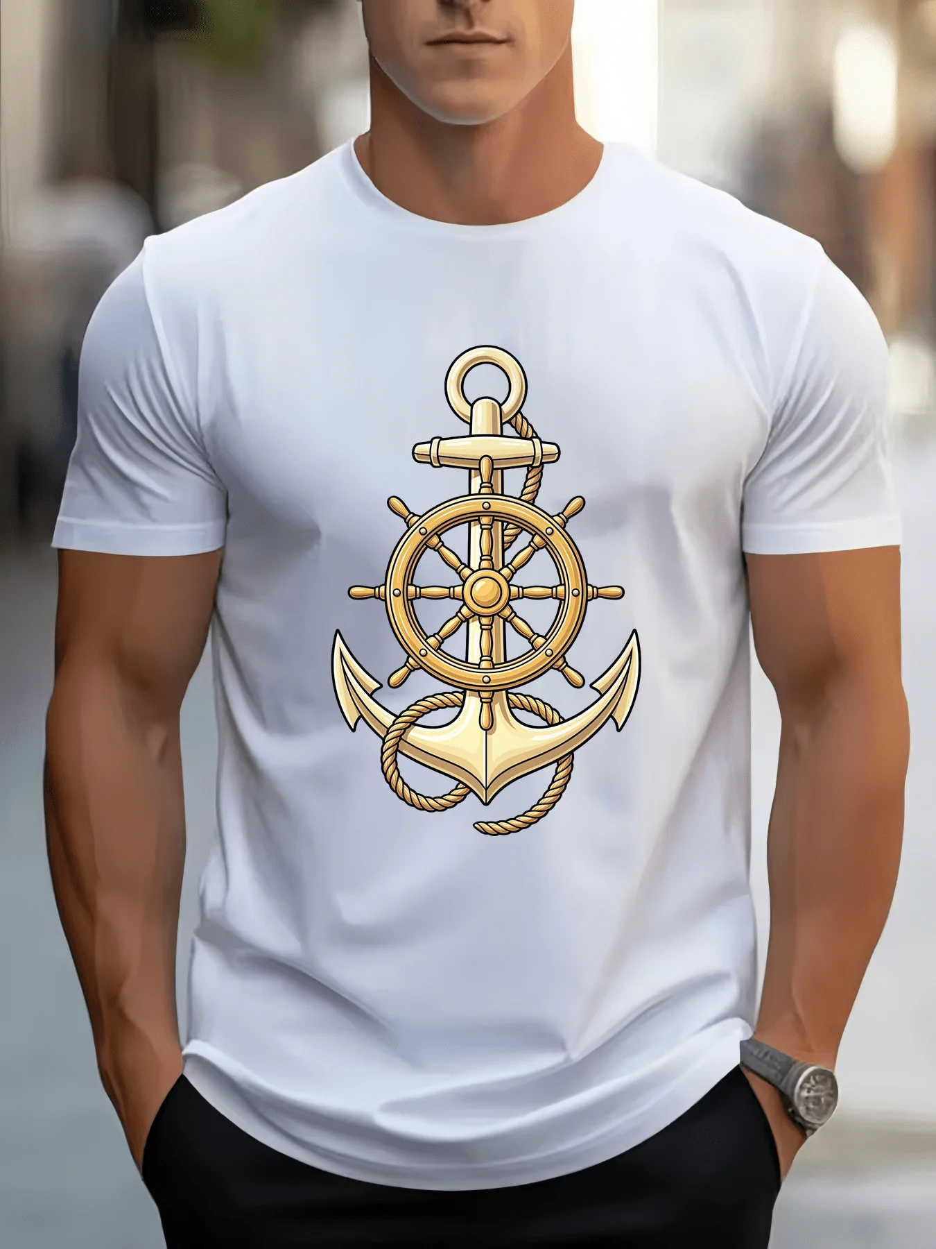 Men Golden Anchor Wheel Cotton T Shirt Crew Neck Nautical Print Male Summer Short Sleeve Marine Casual Streetwear Tops