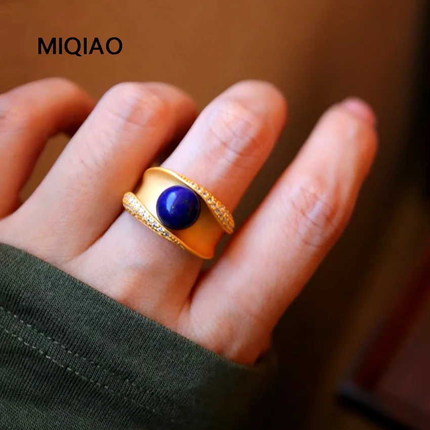 MIQIAO Rings Silver 925 Jewelry Lapis lazuli Natural Stone Beads New In Rings Luxury Sterling Silver 925 Rings For Women