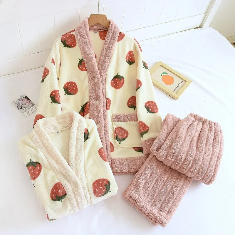 Outono e inverno novo conjunto de pijamas femininos flanela engrossado quente simples calças de manga comprida de duas peças serviço de casa tamanho