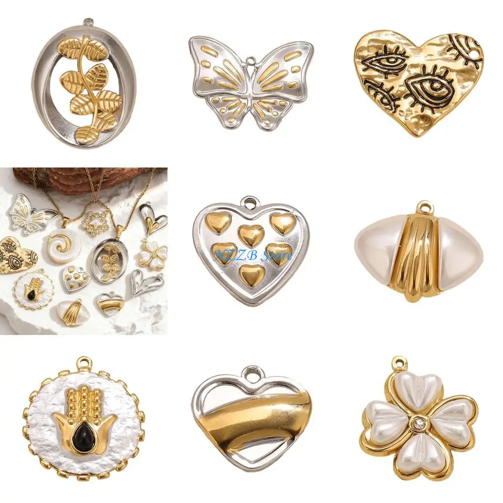 

T21F Symbolic Butterfly Grass Heart Charm Two Tone Stainless Steel Lightweight Necklace Pendant