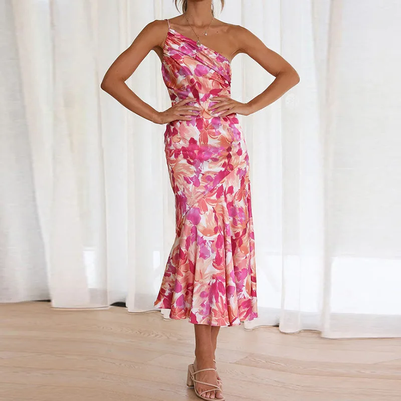 

SKMY 2025 Spring New Women Clothing Elegant High Waist Bag Hip Printed Floral Dress Sexy Party One Shoulder Sleeveless Dress