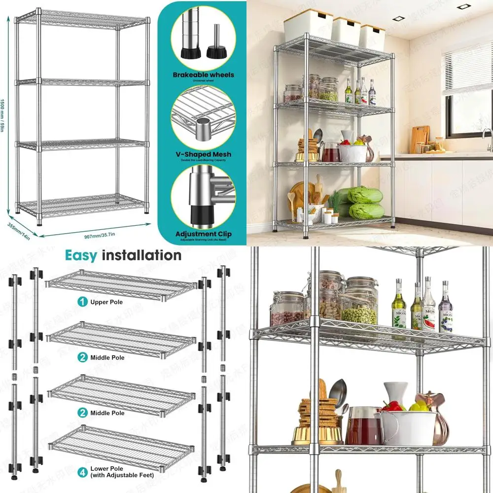 Estante de arame de metal resistente de 4 camadas, unidade de armazenamento resistente ajustável para casa e garagem, comporta até 2200 libras