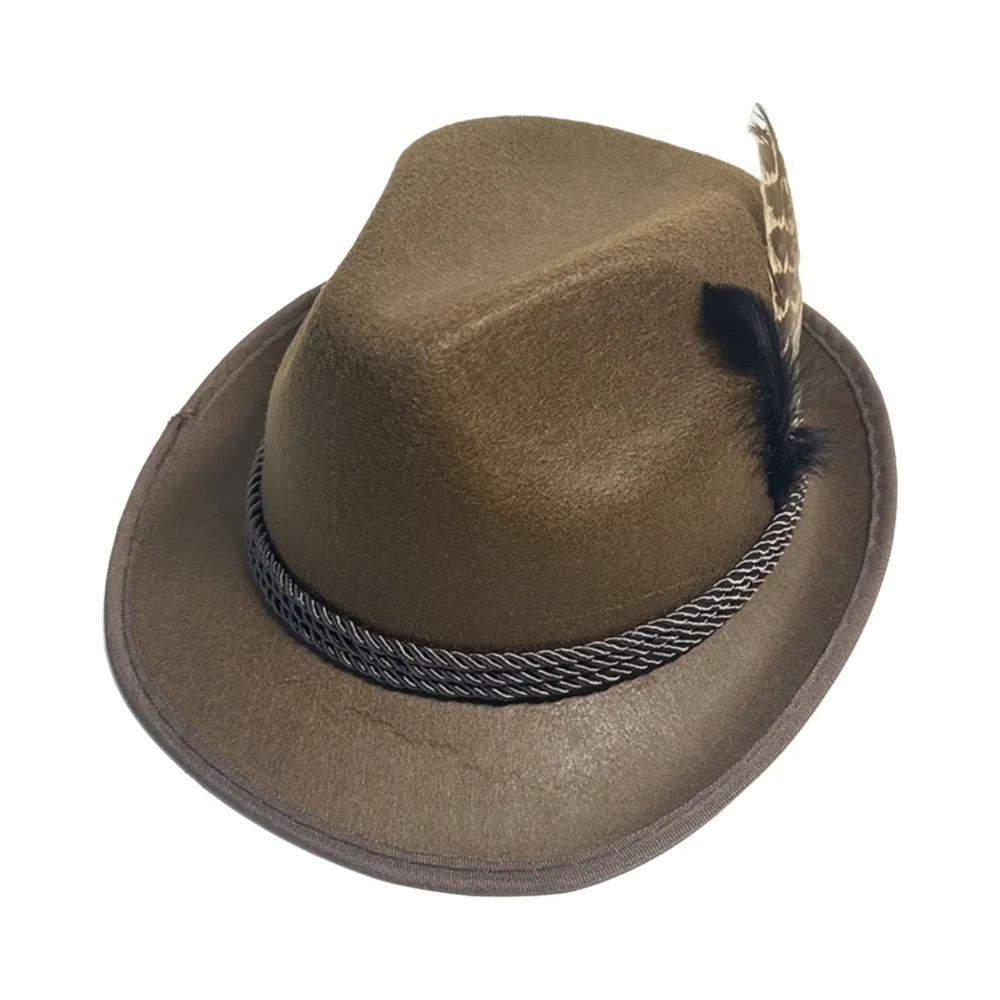 Classic Bavarian Feather Hat Structured Brim Western Fedora Hat Decorative Side Cord Dress Up Panama Hat Halloween Party