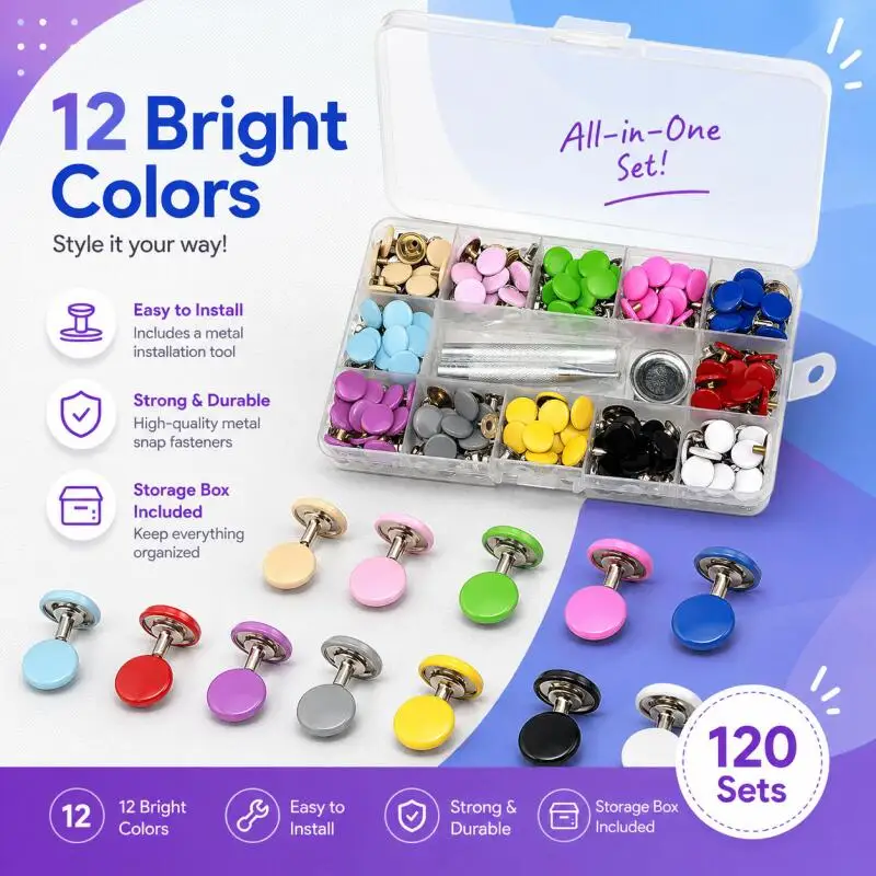 Colored Snap Buttons 12.5mm 125pcs/Pack with Punch Tool for DIY Crafts Clothing Buttons