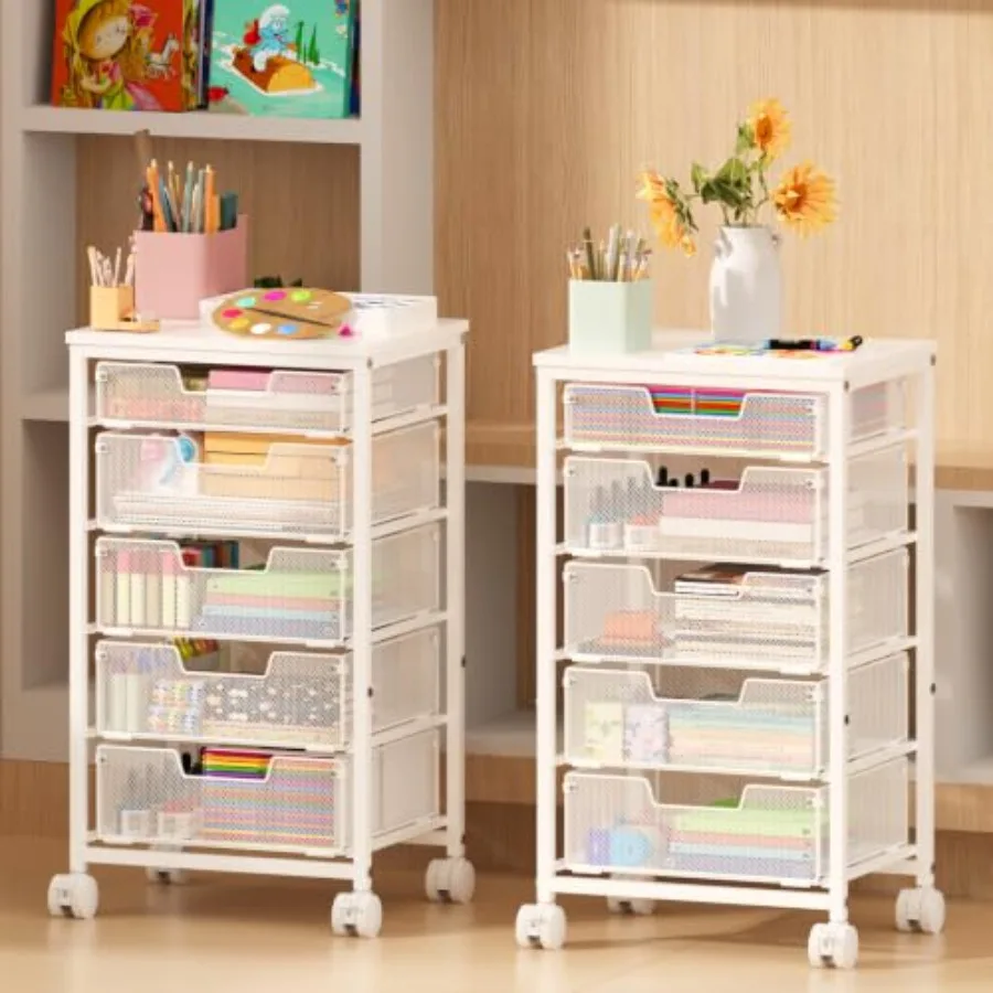 Utility Cart with, Rolling Storage Cart with Wooden Tabletop and Lockable Wheels, Storage Drawer Cart with Drawers, Craft Cart