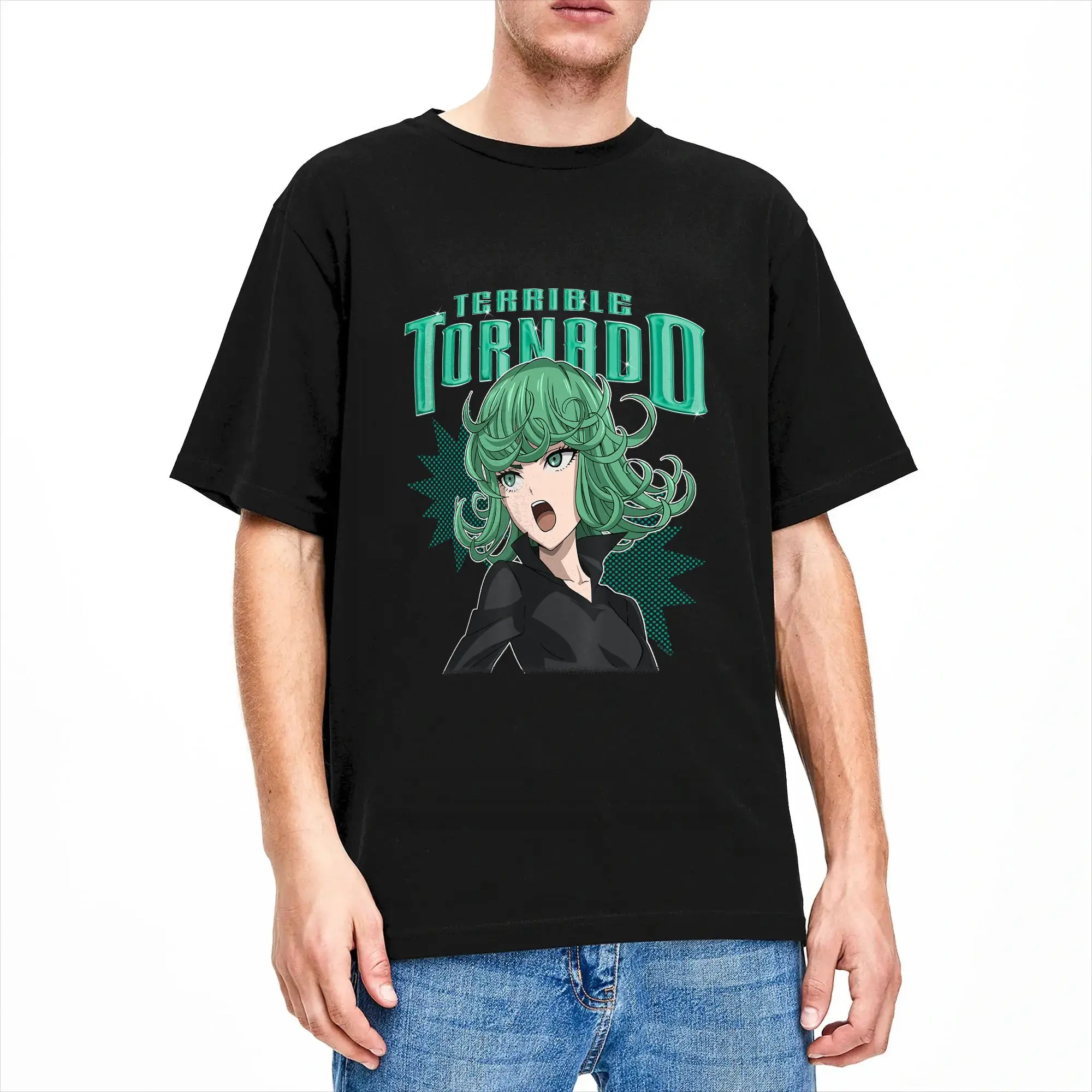 Punch Anime Terrible Tornado Tatsumahi Portrait T Shirt for Men Pure Cotton Vintage T-Shirts Round Neck  Tees Short Sleeve Tops
