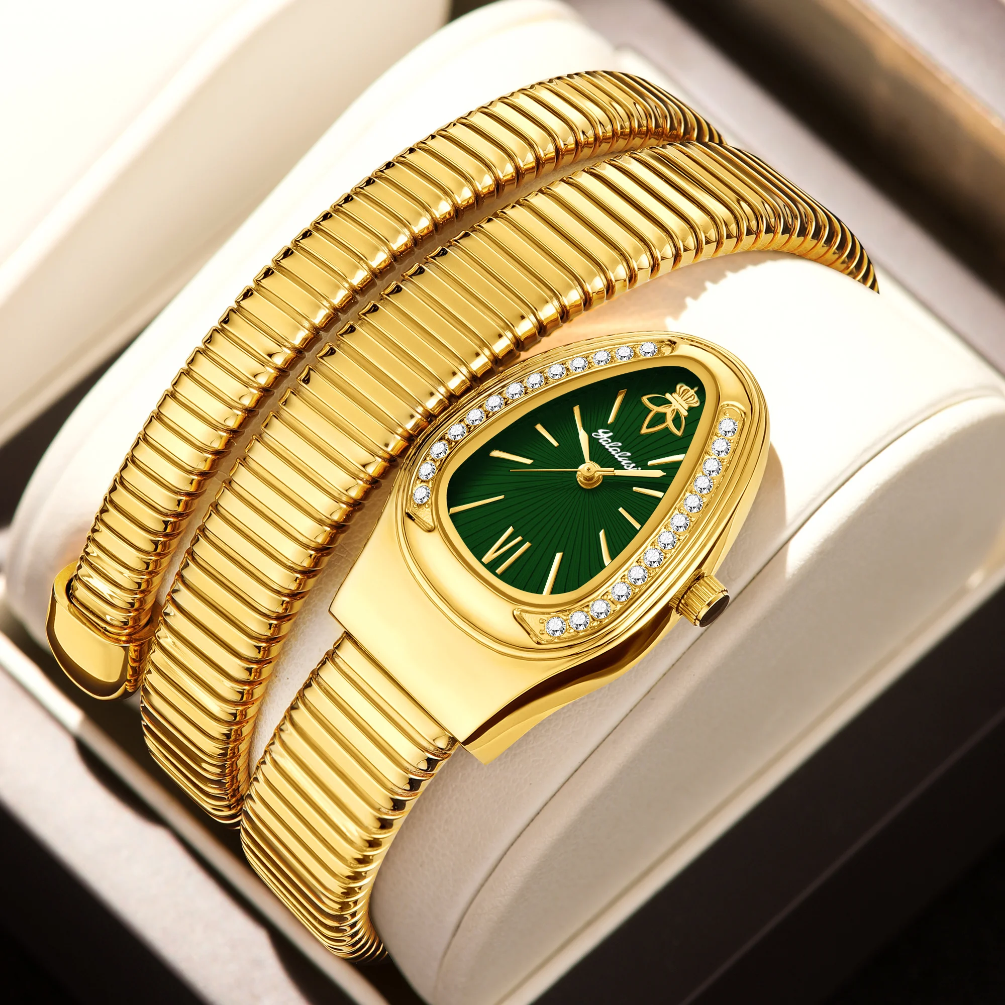 

YaLaLuSi Shining Diamond Fashion Quartz Watch For Women Snake Design Three Loop Bracelet Watches Relojes Para Mujer Gold-Green