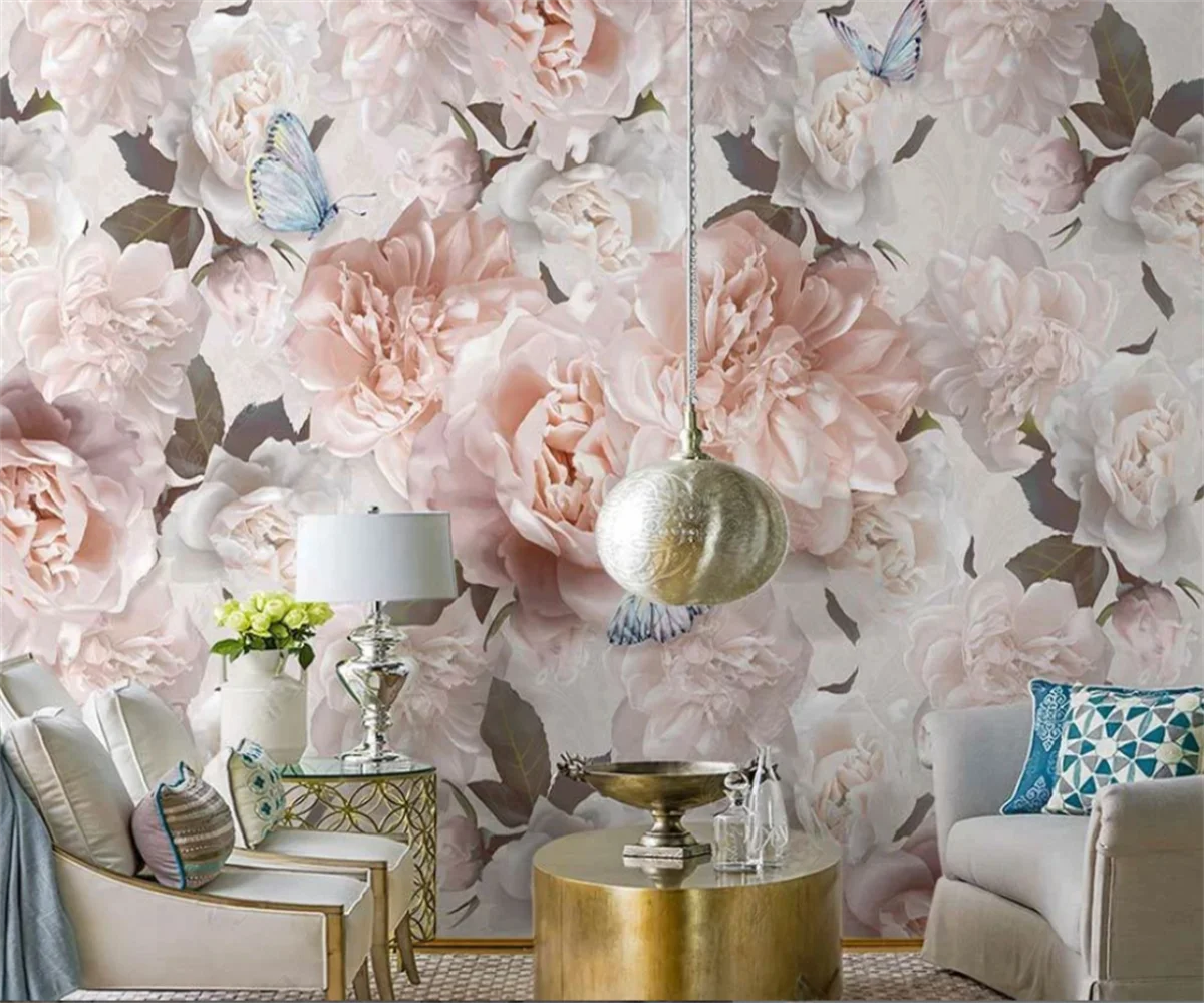Custom Size 3D Wall Wallpaper European Rose Motif Romantic Pink Flower Butterfly Design for Bedroom Hotel Interior Floral murals