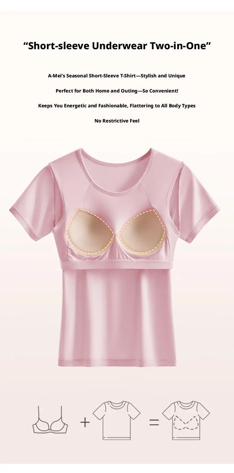 Ubowen Für 40-90 kg große Frauen, Übergrößen-T-Shirt mit kurzen Ärmeln, integriertem BH, Rundhalsausschnitt und festem Körbchen. – Detail 4
