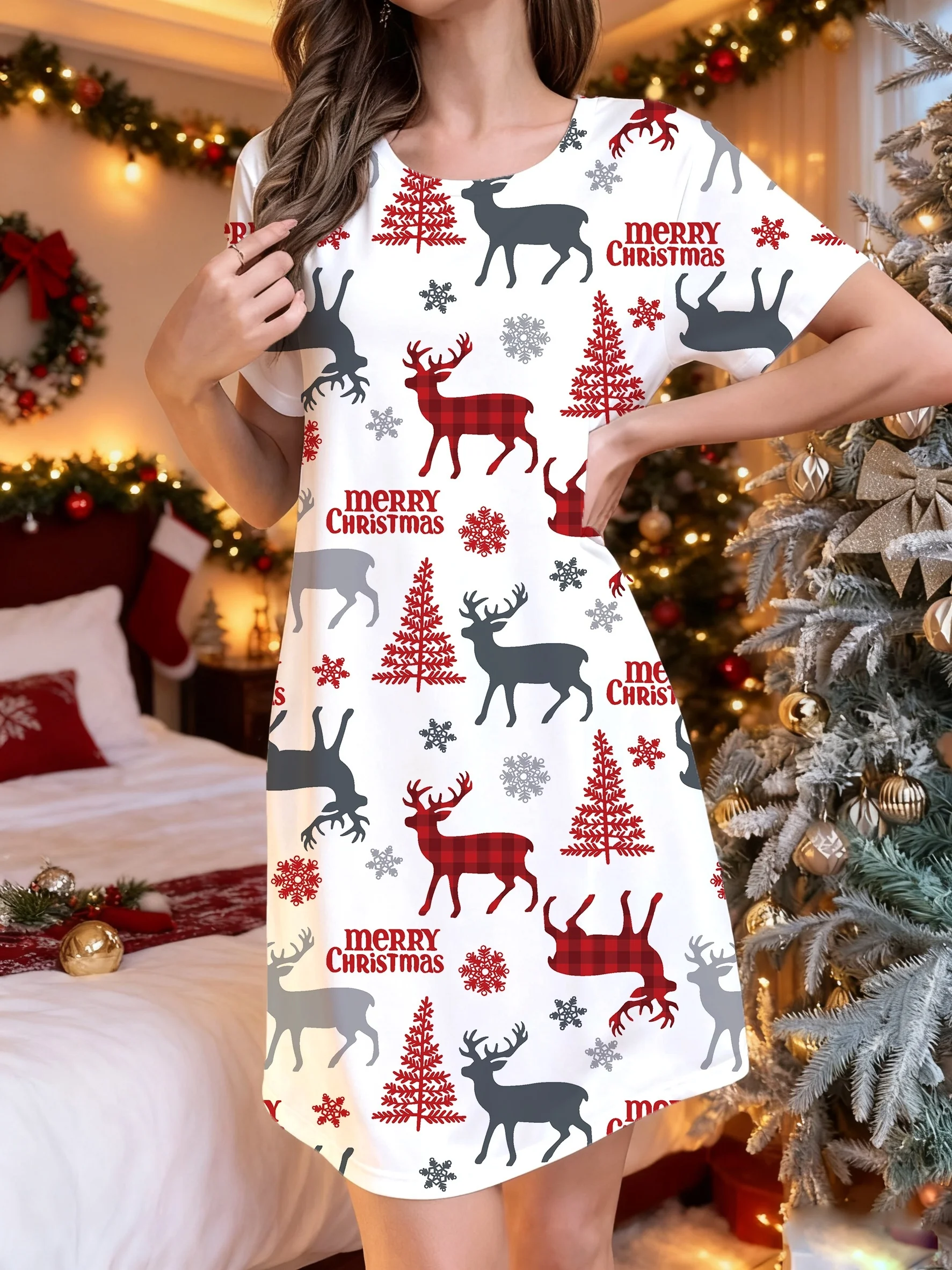  Women's Elegant Christmas Red Plaid Reindeer & Merry Christmas Lettering T-Shirt Dress Short Sleeve A-Line Holiday Party Dress