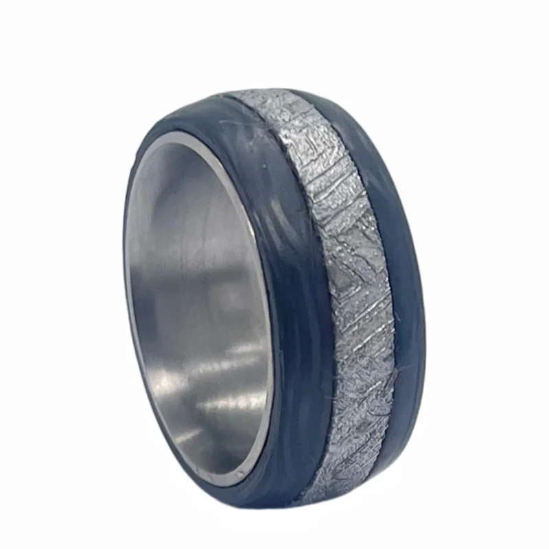 Natural Muonionalusta Iron Meteorite Inlay Ring Polished Marbled Outer Band Fashion Collectible Jewelry Gift -K73