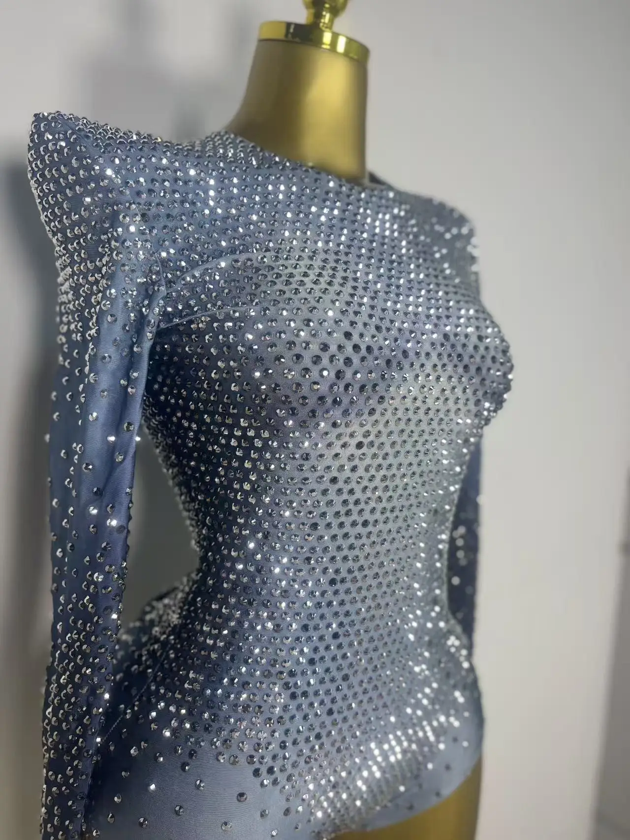Women Evening Luxury Birthday Party Sexy Nightclub Stage Costume Sparkle Silver Rhinestones Long Sleeve Stretch Bodysuits