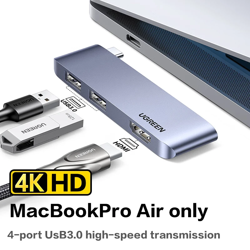 UGREEN 3 in 1Hub USB Type C to 4K-HDMI 2 USB 3.0 Port Adapter Dock Station for MacBook