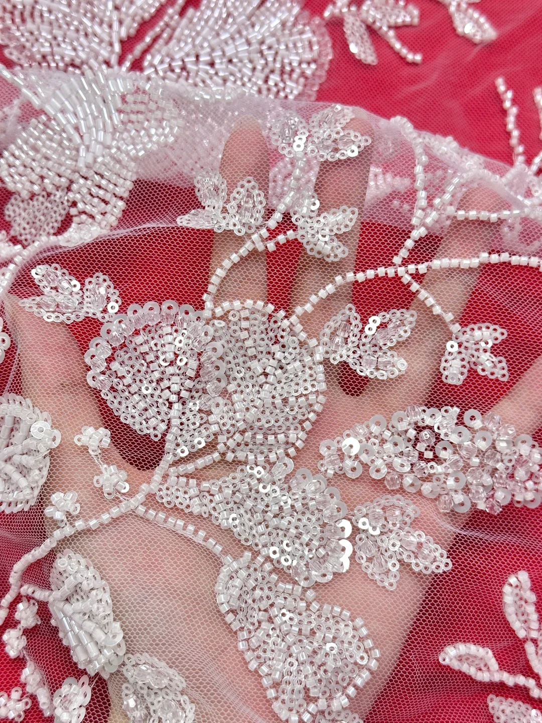 

2026Luxurious SoftWhite Mesh Beaded Tube Lace Fabric with Stones, High-Quality Tube Lace for Wedding Evening DressU_GE8156