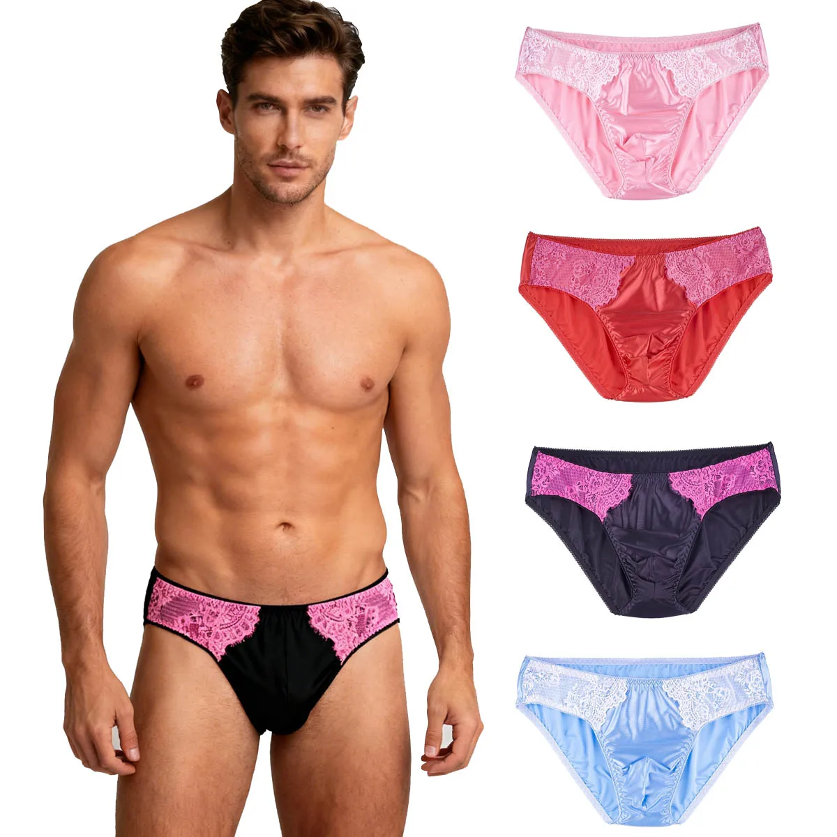 Men Sexy Oil Glitter Silk Smooth Lace Spandex Thin High Elastic Low Waist Briefs Breathable Comfot Hip Wrap Underwear Underpants
