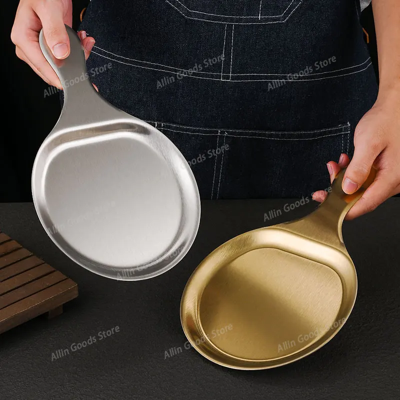Stainless Steel Western Steak Plate with Handle Golden Flat Bottom BBQ Plate Tray Pizza Snack