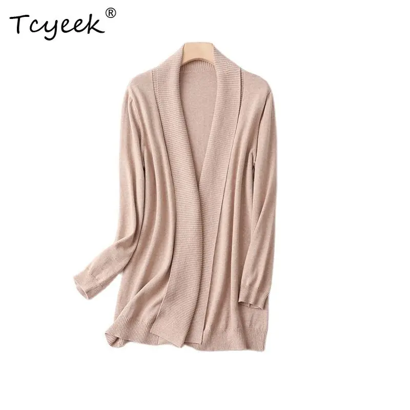 

Tcyeek 63.9% Silk 10.2% Cashmere Solid Cardigan Medium Length Women Blended V-neck Knitted Jacket 2023 Autumn Winter T38546QC