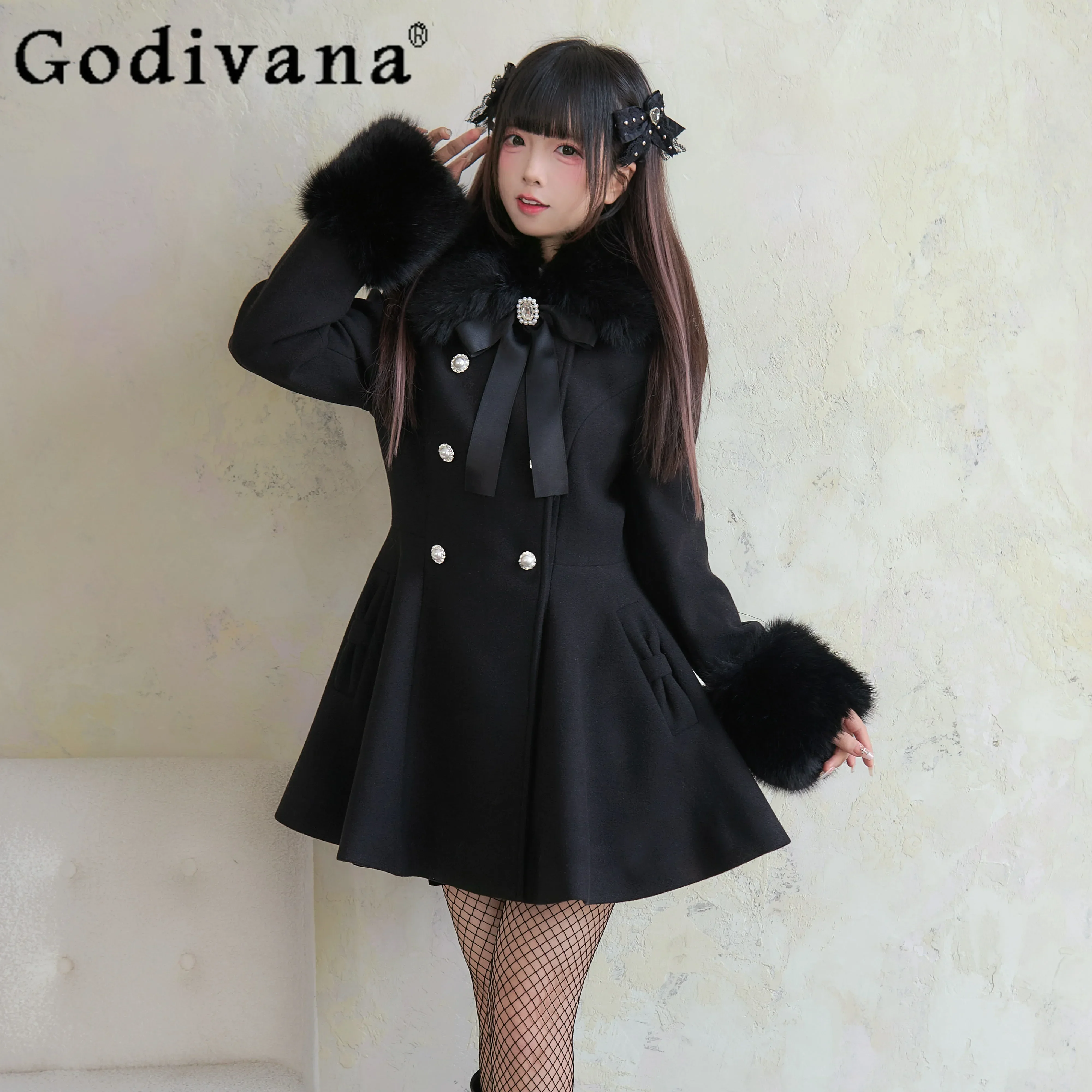 Black Lolita Woolen Coat Women's Mine Series Mass-produced Bow Slim Fit Thickened Fur Collar Double-breasted Jackets Winter New