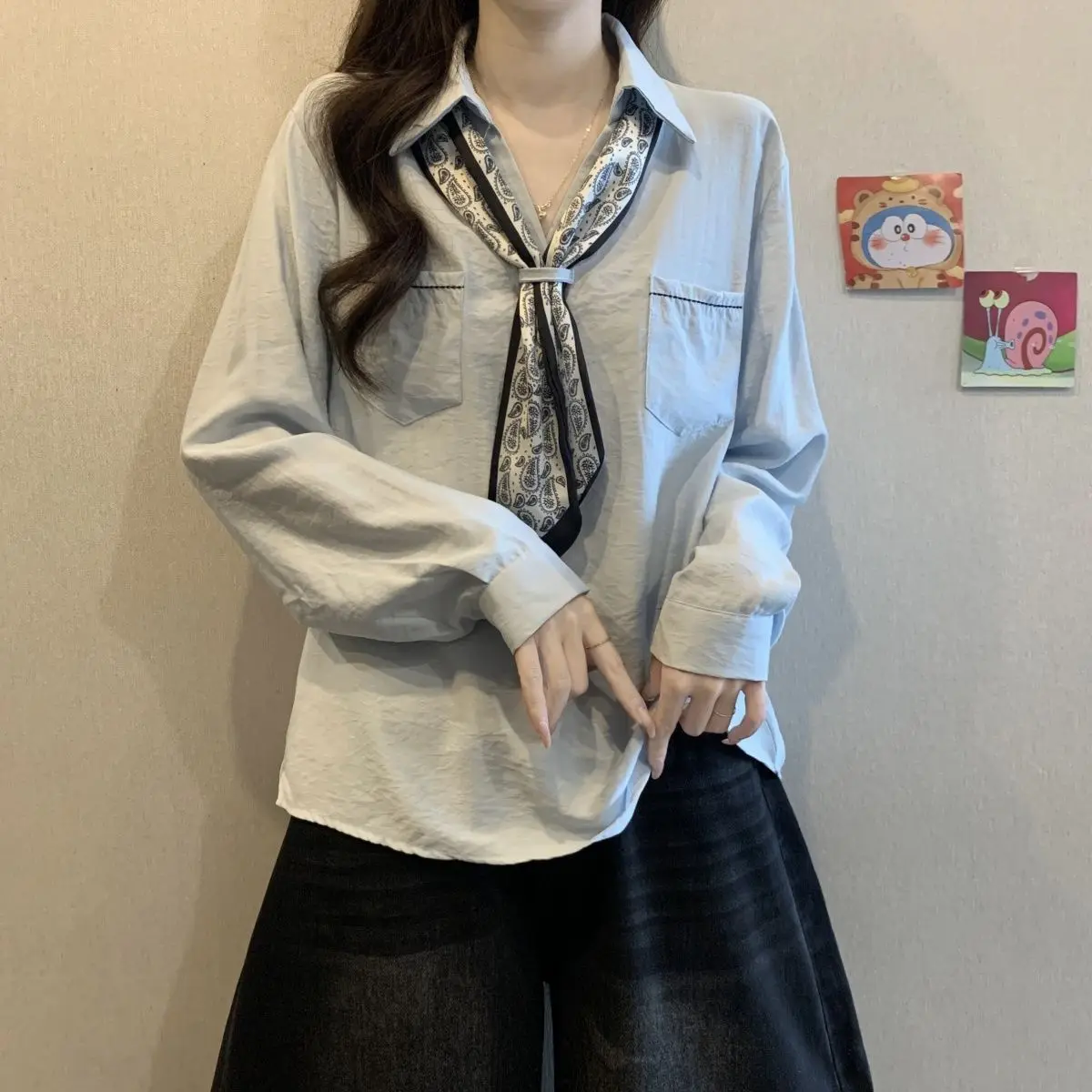 

Women's Autumn New Style Loose Slimming Top with Silk Scarf Polyester Fiber Pure Color Plus Size Polo Neck Long Sleeve Shirt