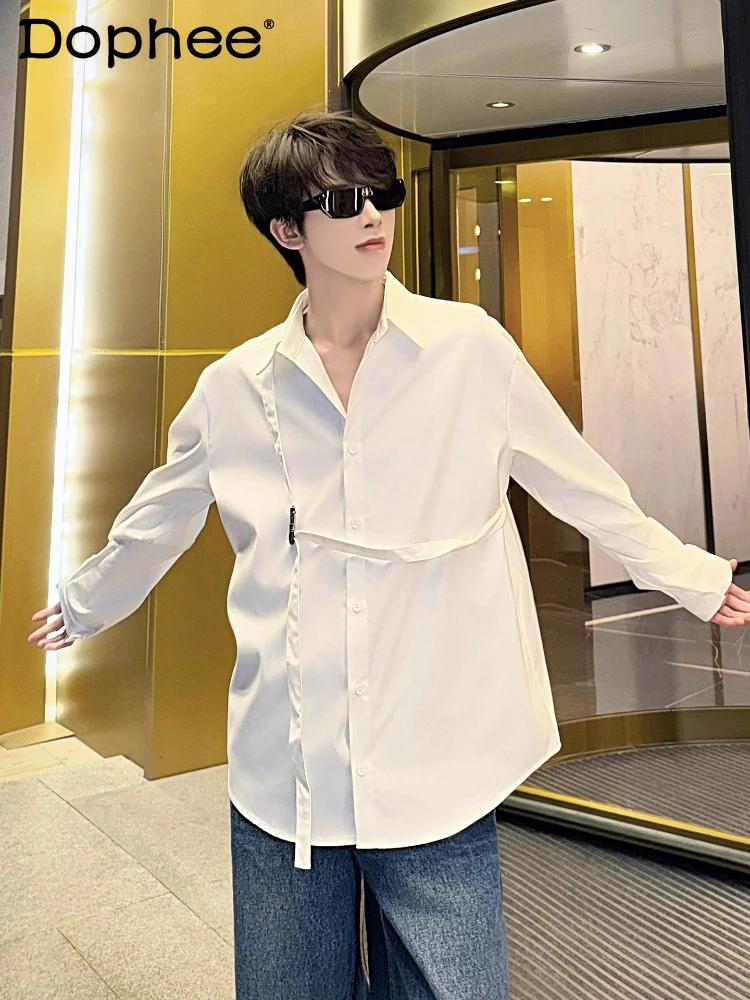 Camicie a maniche lunghe da uomo 2025 Autunno da uomo New Trendy Decorazione del nastro Top di fascia alta Gentleman Camicie larghe e confortevoli in tinta unita