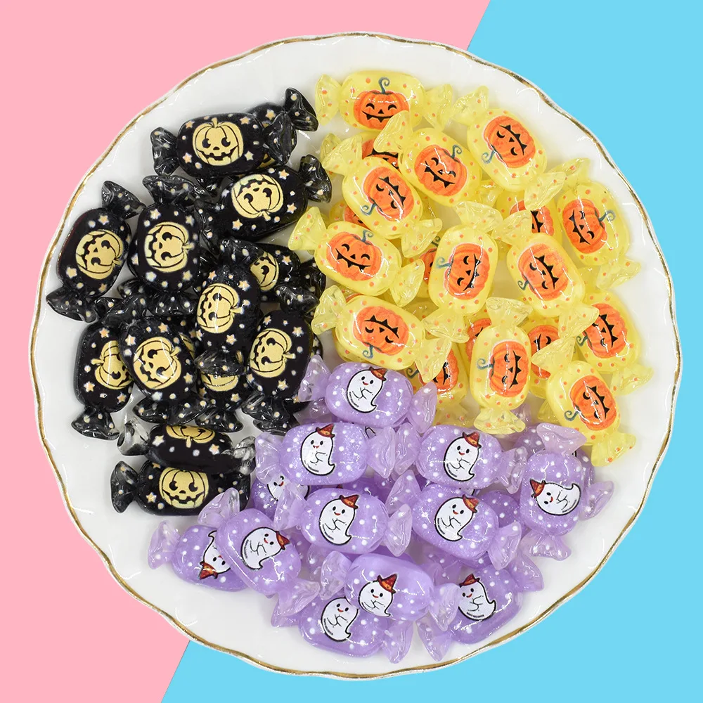 

100pcs 30x14mm Cartoon Halloween Pumpkin Ghost Candy Resin Charm Flatback Cabochon for Diy Scrapbook Crafts Decor Jewelry Making