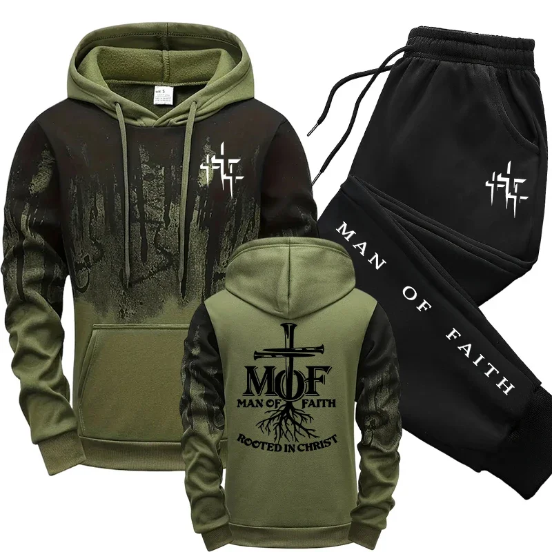 Ensemble de survêtement homme Man of Faith : Sweat à capuche et pantalon de jogging – Collection Automne Hiver 2026 – Tenue décontractée, sportive et de fitness pour le quotidien et l'extérieur