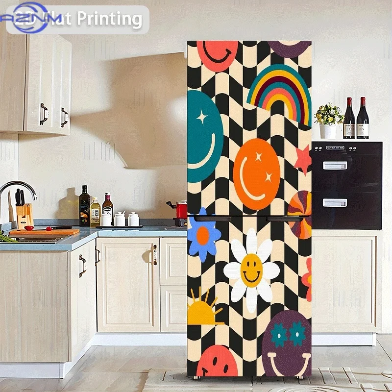 Refrigerator Sticker 60x180cm 1. Multicolored Joyful Face with Rainbow Pattern 2. Blue Flower with Orange Face Pattern 3. Joyf