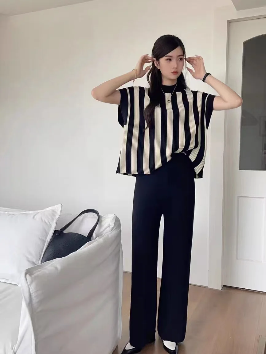 New Fashion Knitted Two Piece Set for Women Striped Half High Collar Casaul Loose Pullover Tops + Wide Leg Pants Sets Tracksuit