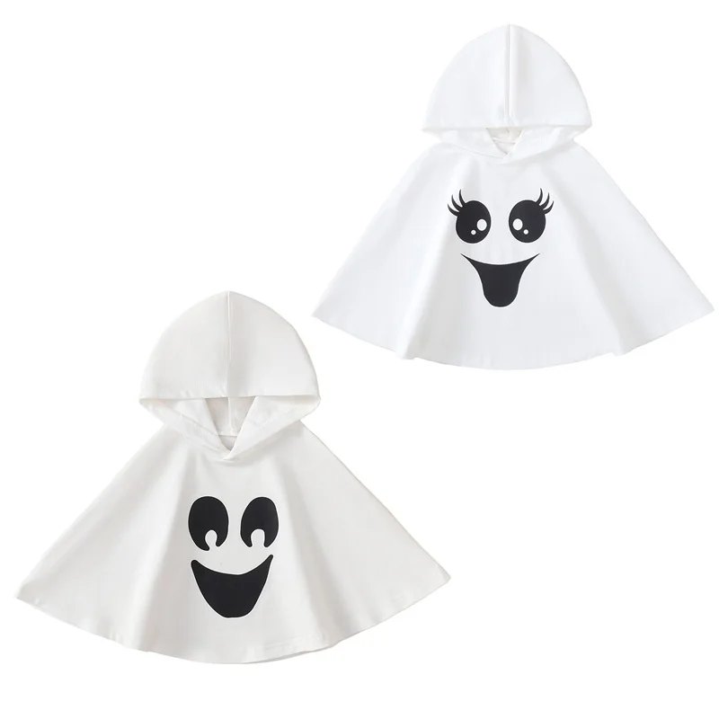 Newborn Halloween Cloak Boys and Girls Big Eyes Print Drawstring White Loose Hooded Windproof Jacket Cosplay Costumes