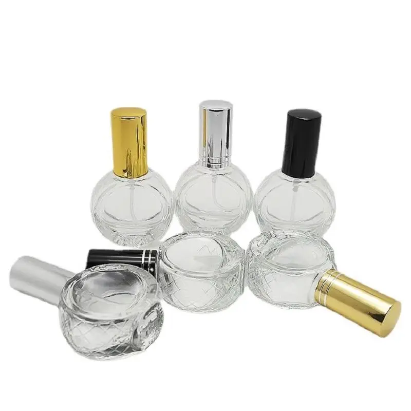 

40pcs 10ml Clear Glass Perfume Bottle Black Gold Silver Lid Atomizer Flat Round Cosmetic Refillable Vials Glass Spray Bottles
