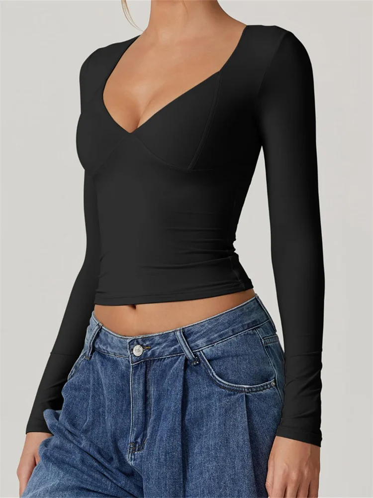 تي شيرت نسائي بلون سادة وأكمام طويلة بقصة ضيقة ورقبة على شكل حرف V قمصان غير رسمية لربيع وخريف جديد #2