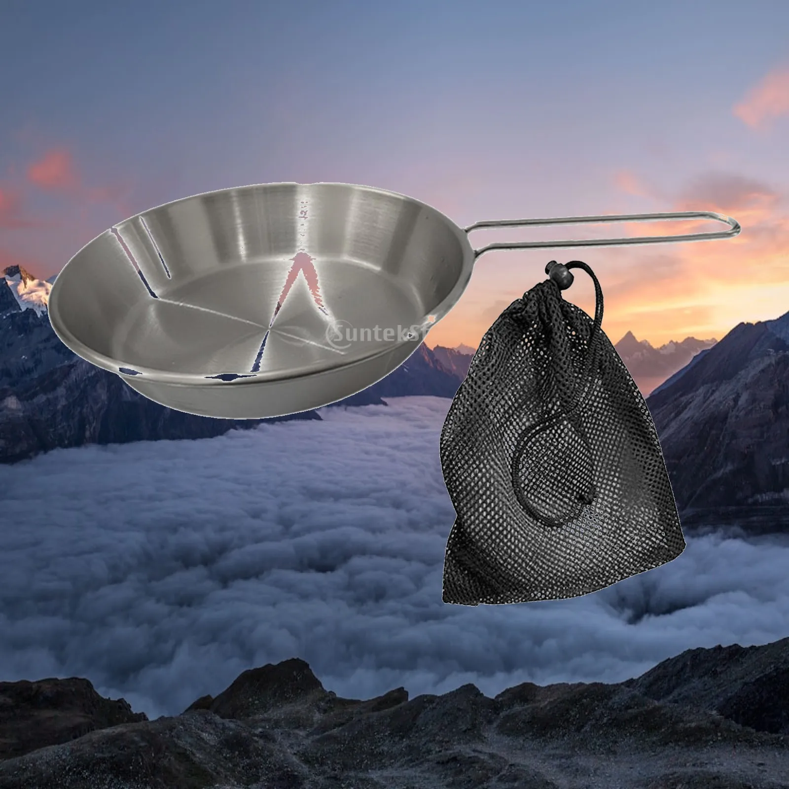 Compact Camping Fry Pan Stainless Steel Foldable Cookware for Hiking Backpacking Kitchen Gear with Mesh Pouch