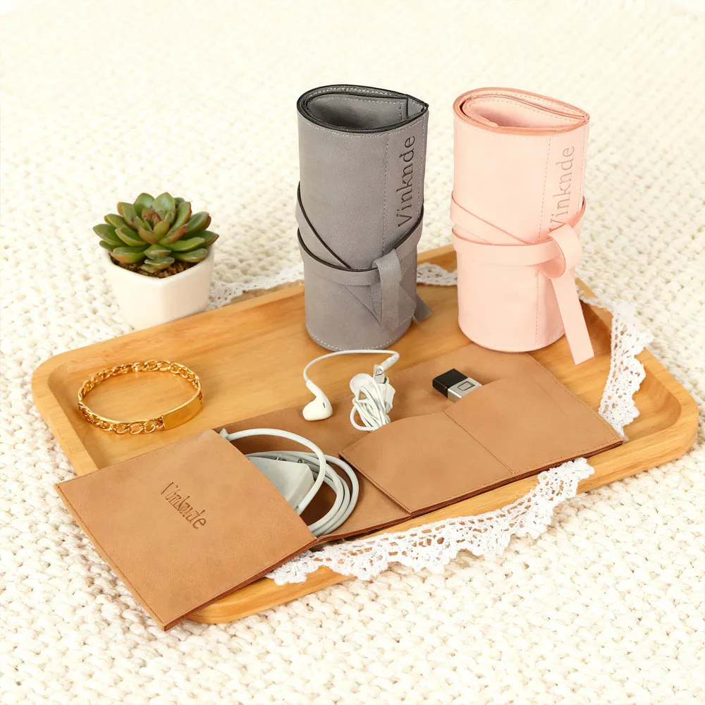 

Custom Logo Brown Microfiber Jewelry Packaging Gift Bag Portable USB Electronic Organizer Travel Cellphone Charger Accessory